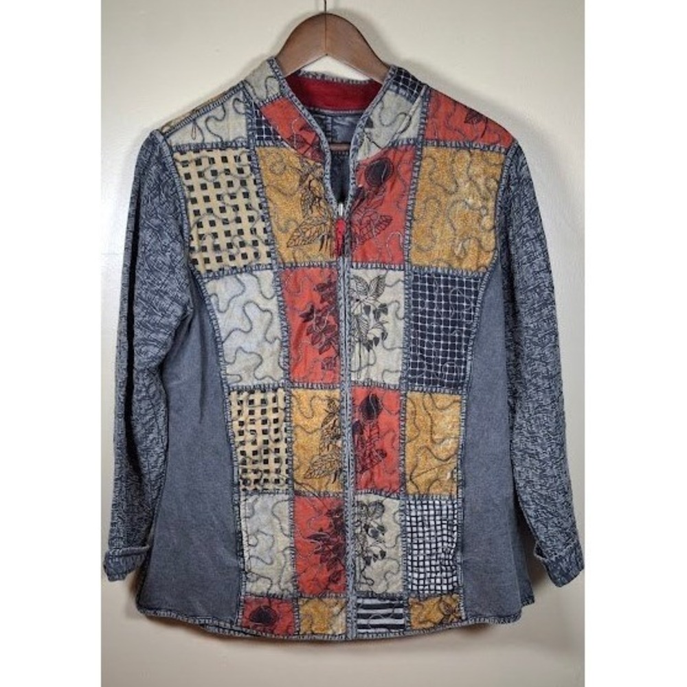 Reversible Patchwork Floral Zip Up Jacket Grey Red Boho Mixed Media Mock Neck